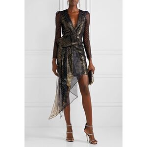 NWT Haney Simone wrap-effect tulle and organza-trimmed flocked Lurex mini dress
